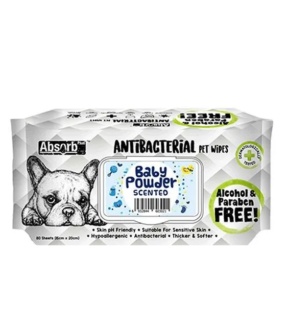 Absorb Plus Antibacterial Alcohol & Paraben Free Pet Wipes (Baby Powder, 80pcs)