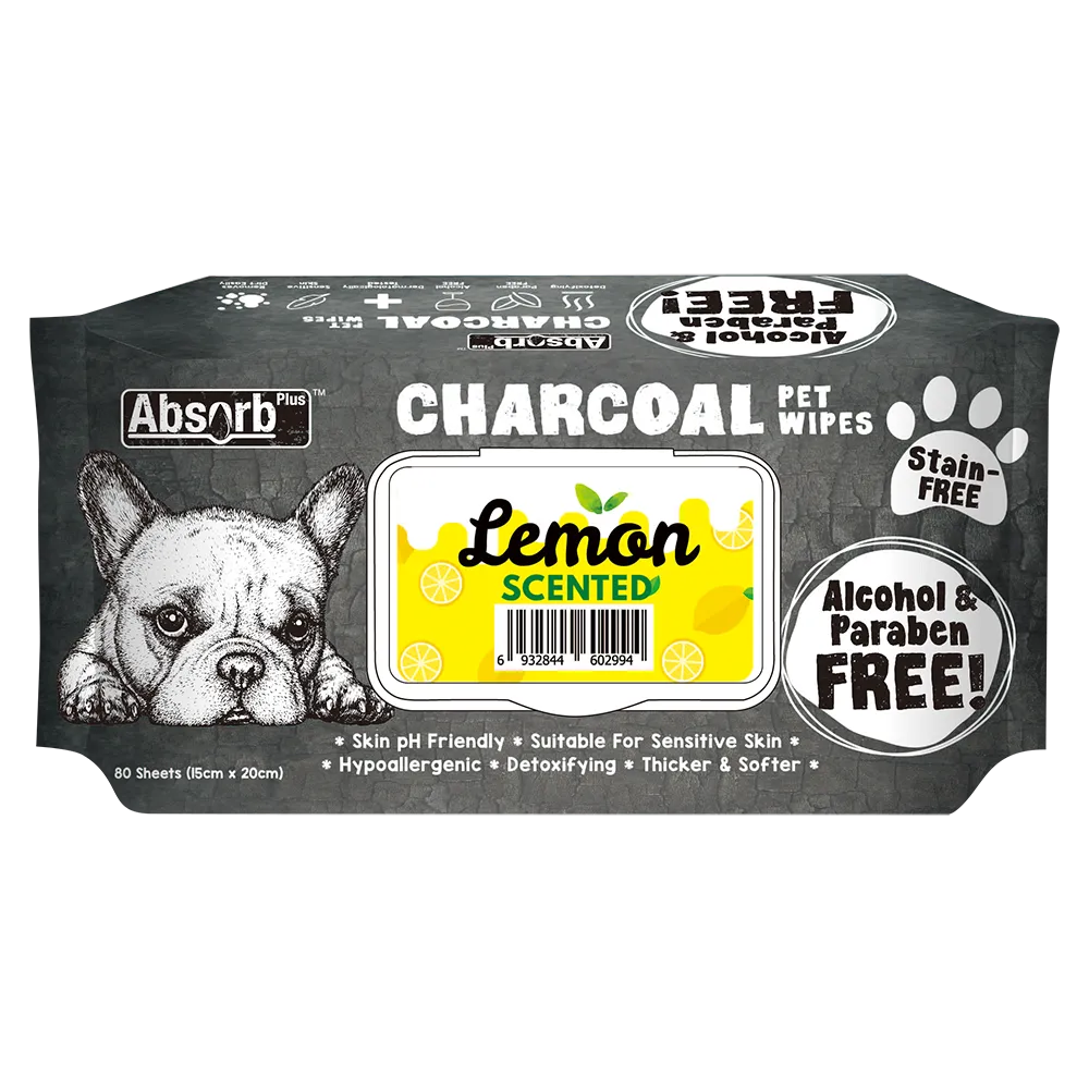 Absorb Plus Charcoal Pet Wipes Lemon Scented 15cm x 20cm - 80sheets