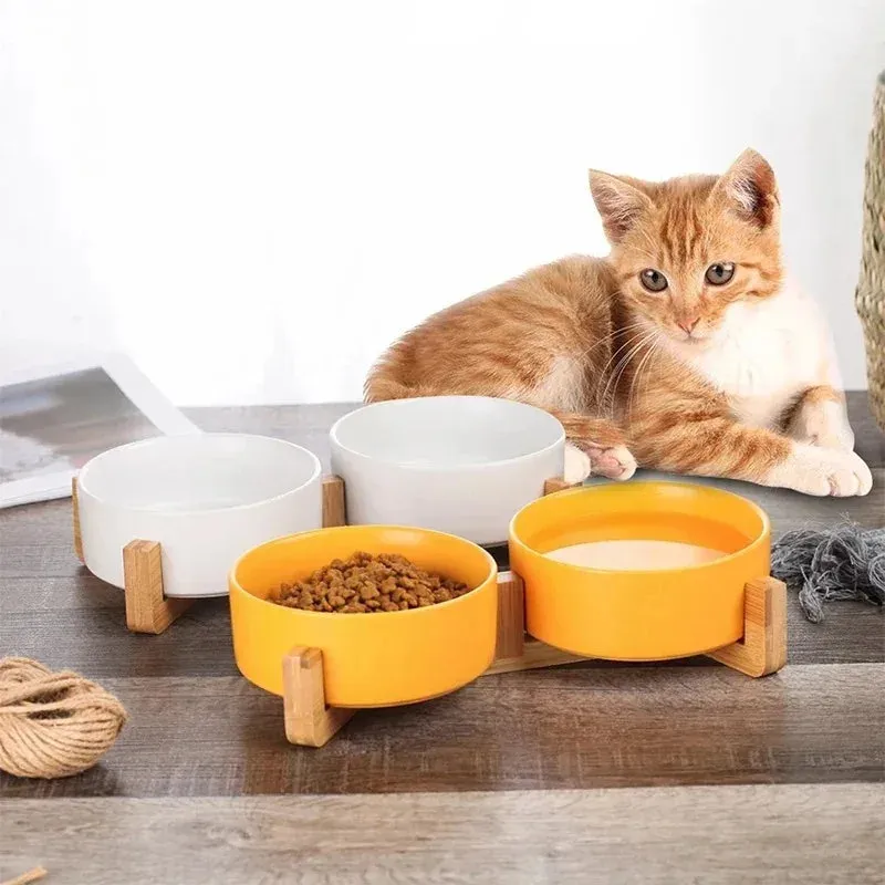 Elegant Ceramic Double Pet Bowl with Wooden Stand