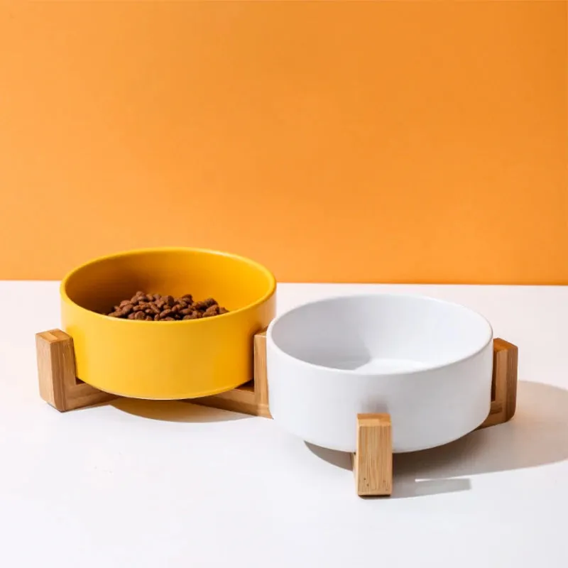 Elegant Ceramic Double Pet Bowl with Wooden Stand