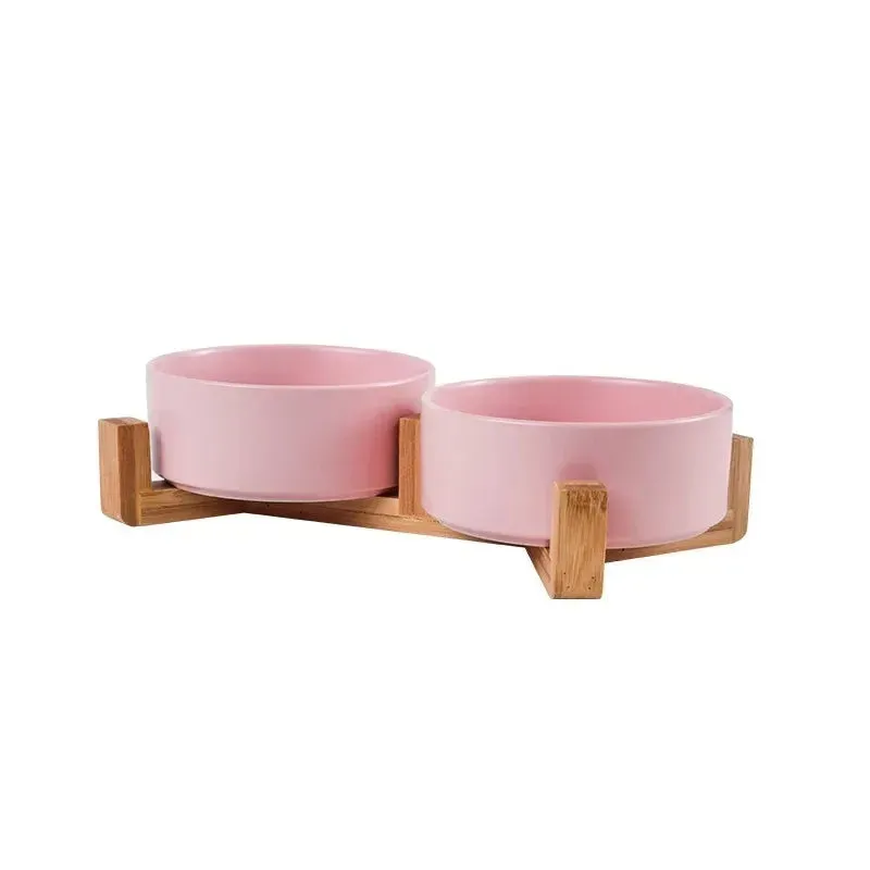 Elegant Ceramic Double Pet Bowl with Wooden Stand