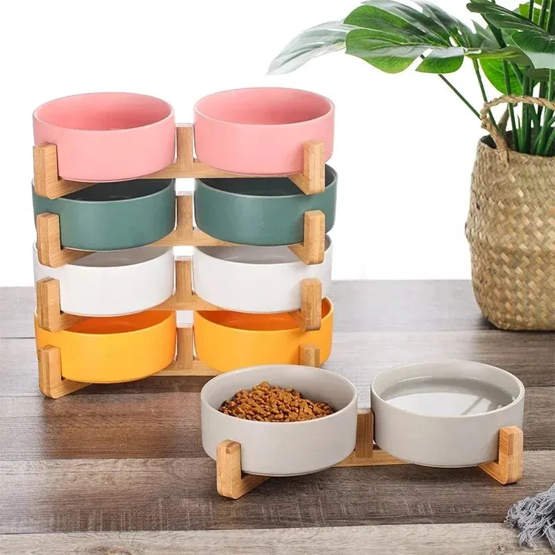 Elegant Ceramic Double Pet Bowl with Wooden Stand