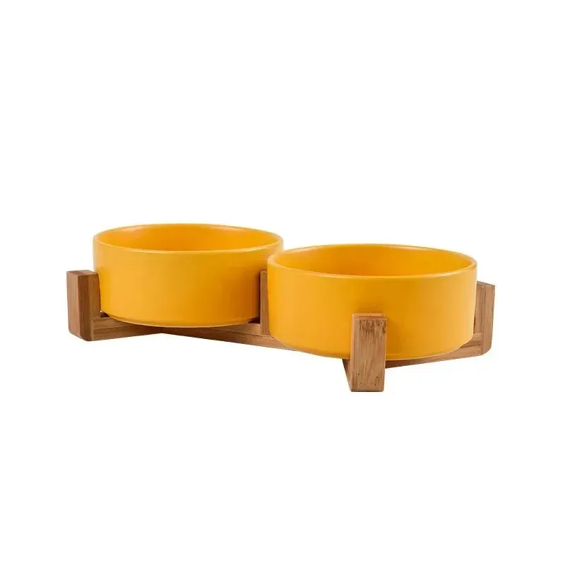 Elegant Ceramic Double Pet Bowl with Wooden Stand