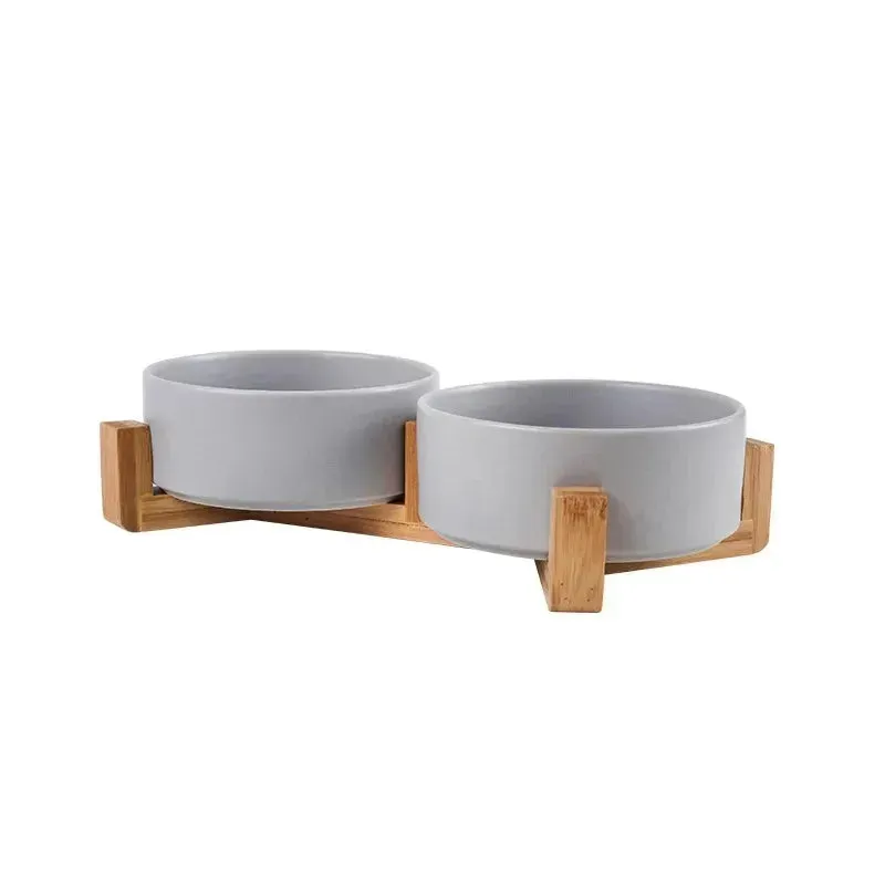 Elegant Ceramic Double Pet Bowl with Wooden Stand