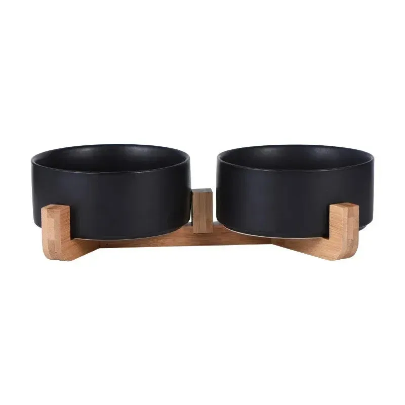 Elegant Ceramic Double Pet Bowl with Wooden Stand