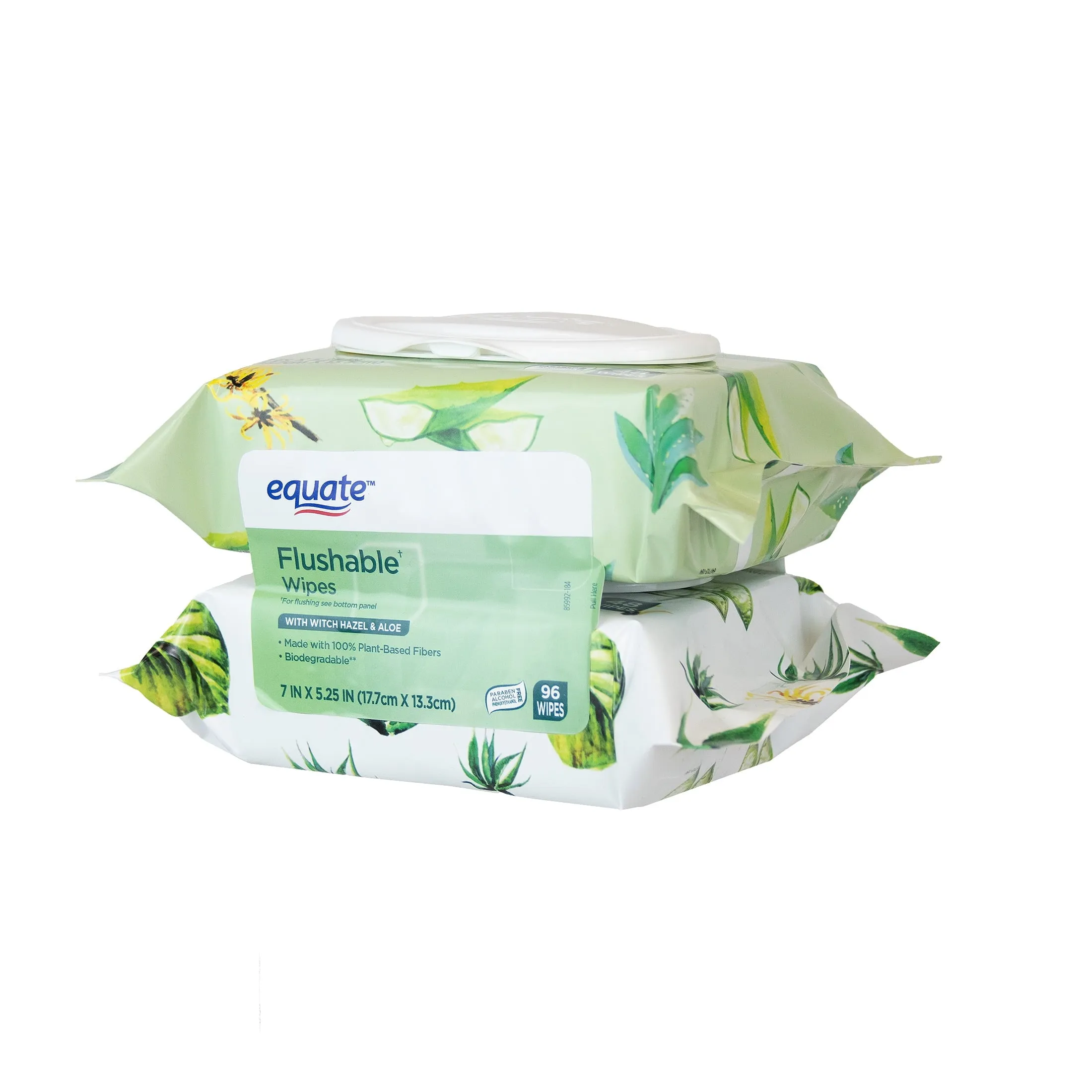 Equate Witch Hazel and Aloe Scent Flushable Wipes, 2 Flip-Top Packs (96 Total Wipes)