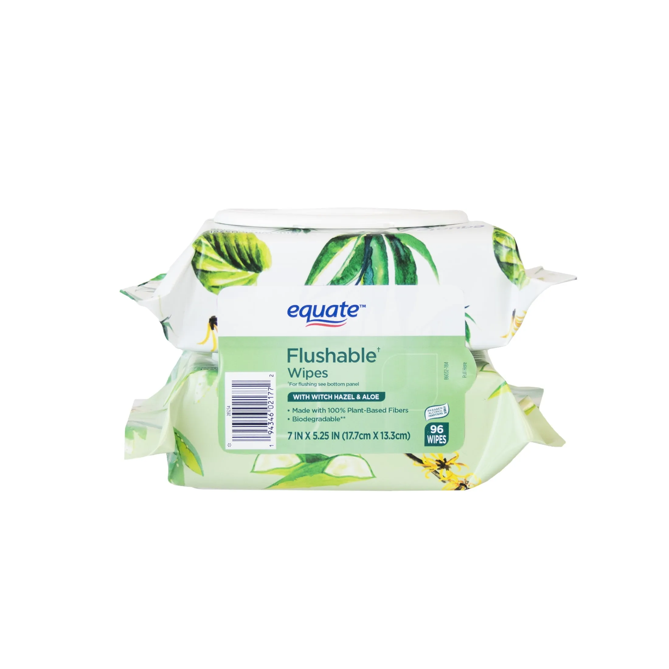 Equate Witch Hazel and Aloe Scent Flushable Wipes, 2 Flip-Top Packs (96 Total Wipes)