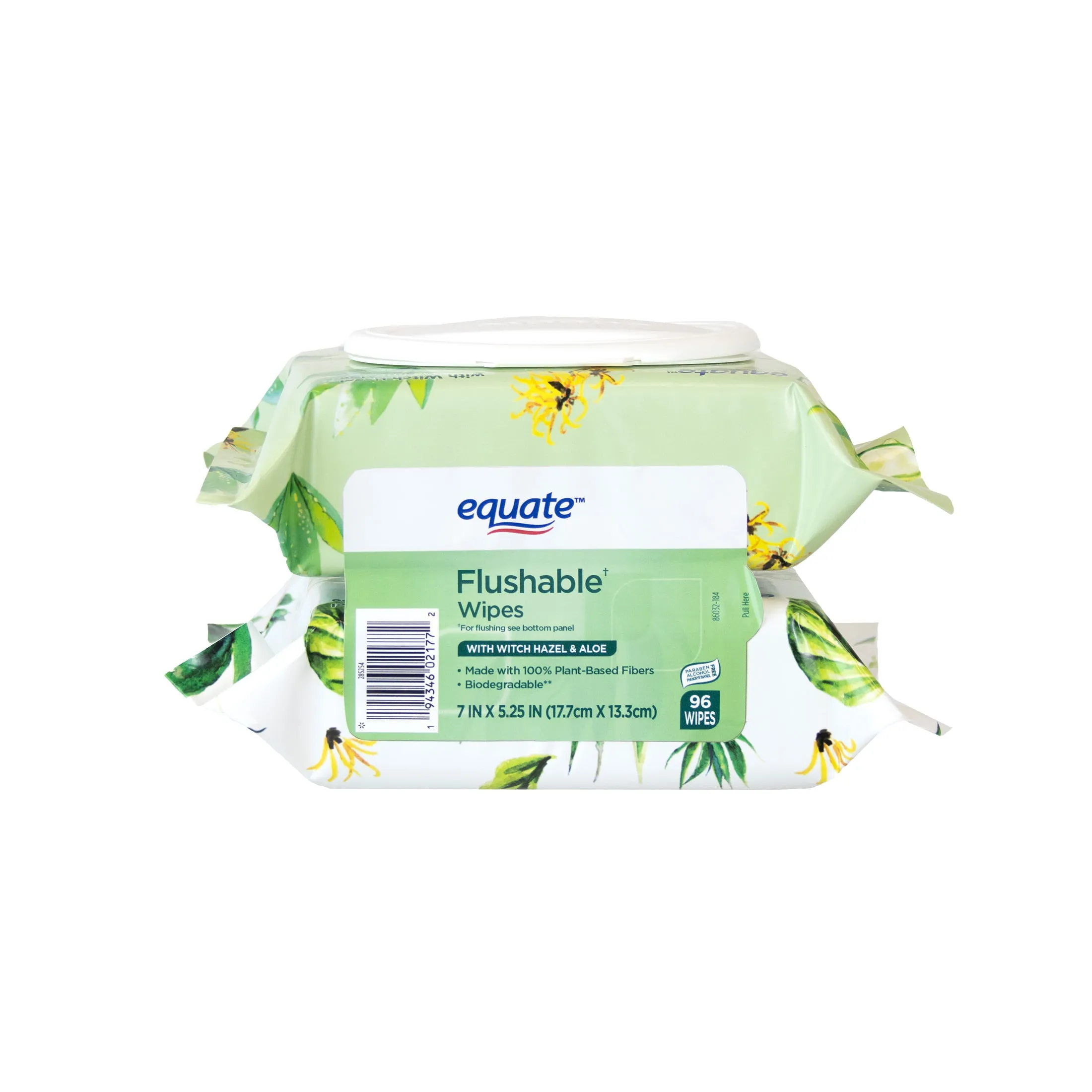 Equate Witch Hazel and Aloe Scent Flushable Wipes, 2 Flip-Top Packs (96 Total Wipes)