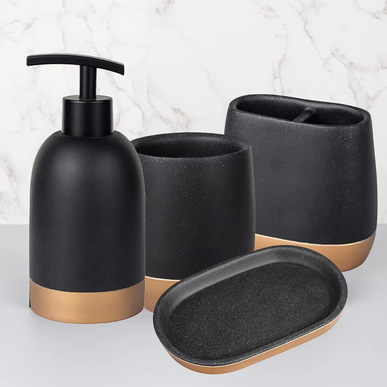 Homestic Premium 4-Piece Bathroom Accessories Set | Soap Dish | Liquid Soap Dispenser (250ml) | Tumbler | Brush Holder | Moisture Resistant | Scratch Proof | Black-Golden