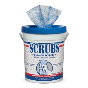 ITW Professional Brands SCRUBS Hand Cleaner Towels, Cloth, 10-1/2 x 12-1/4, Blue/White, 72/Bucket