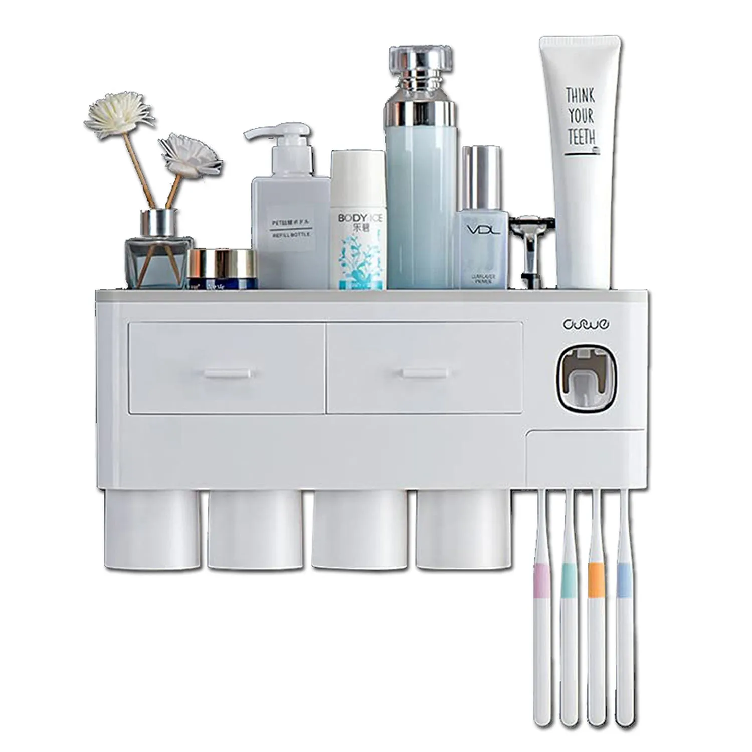 Magnetic Cups Toothbrush Holder Kit with Dispenser, 2 Drawers