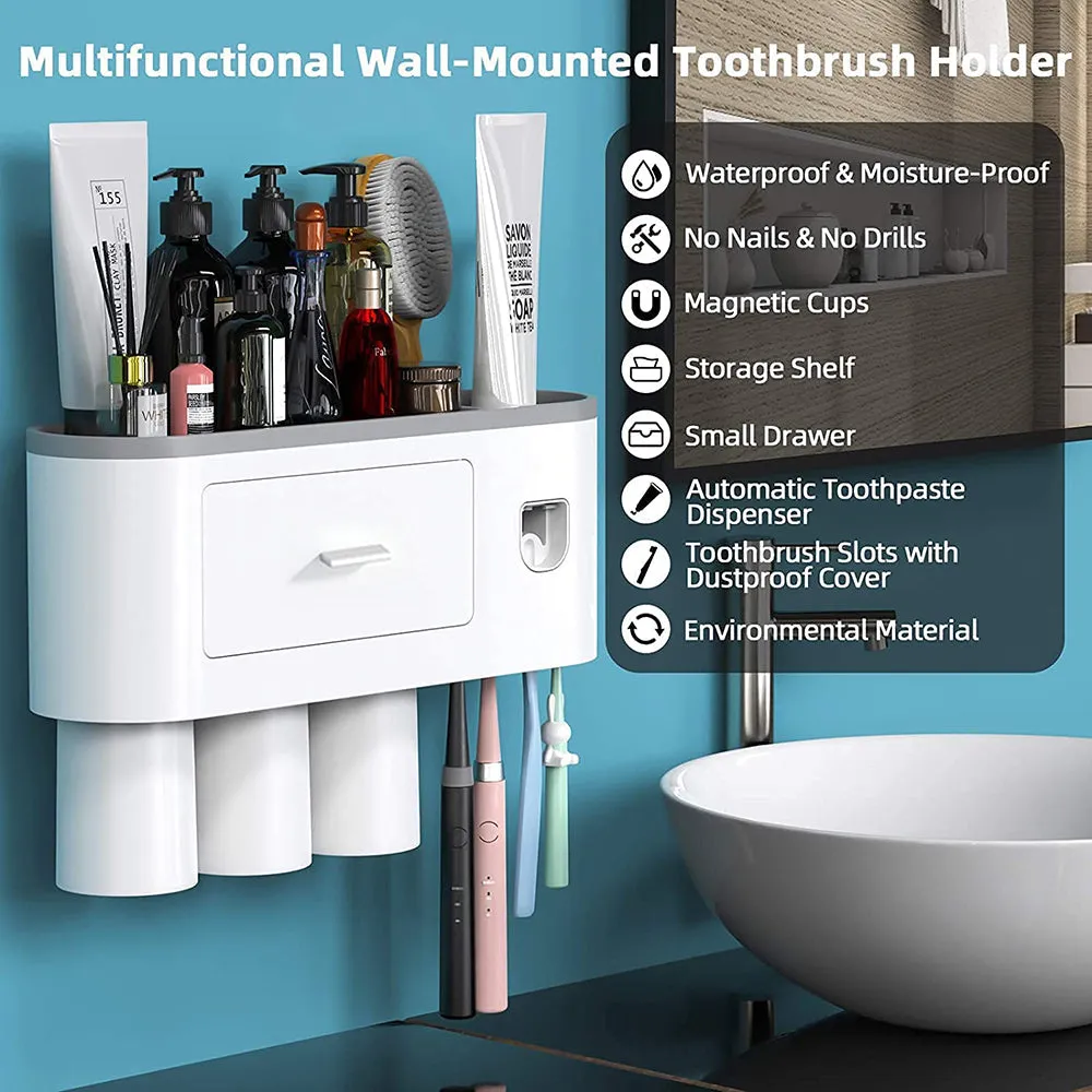 Magnetic Cups Toothbrush Holder Kit with Dispenser, 2 Drawers