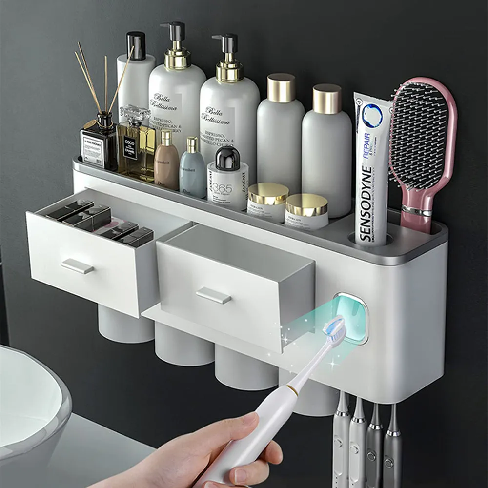 Magnetic Cups Toothbrush Holder Kit with Dispenser, 2 Drawers