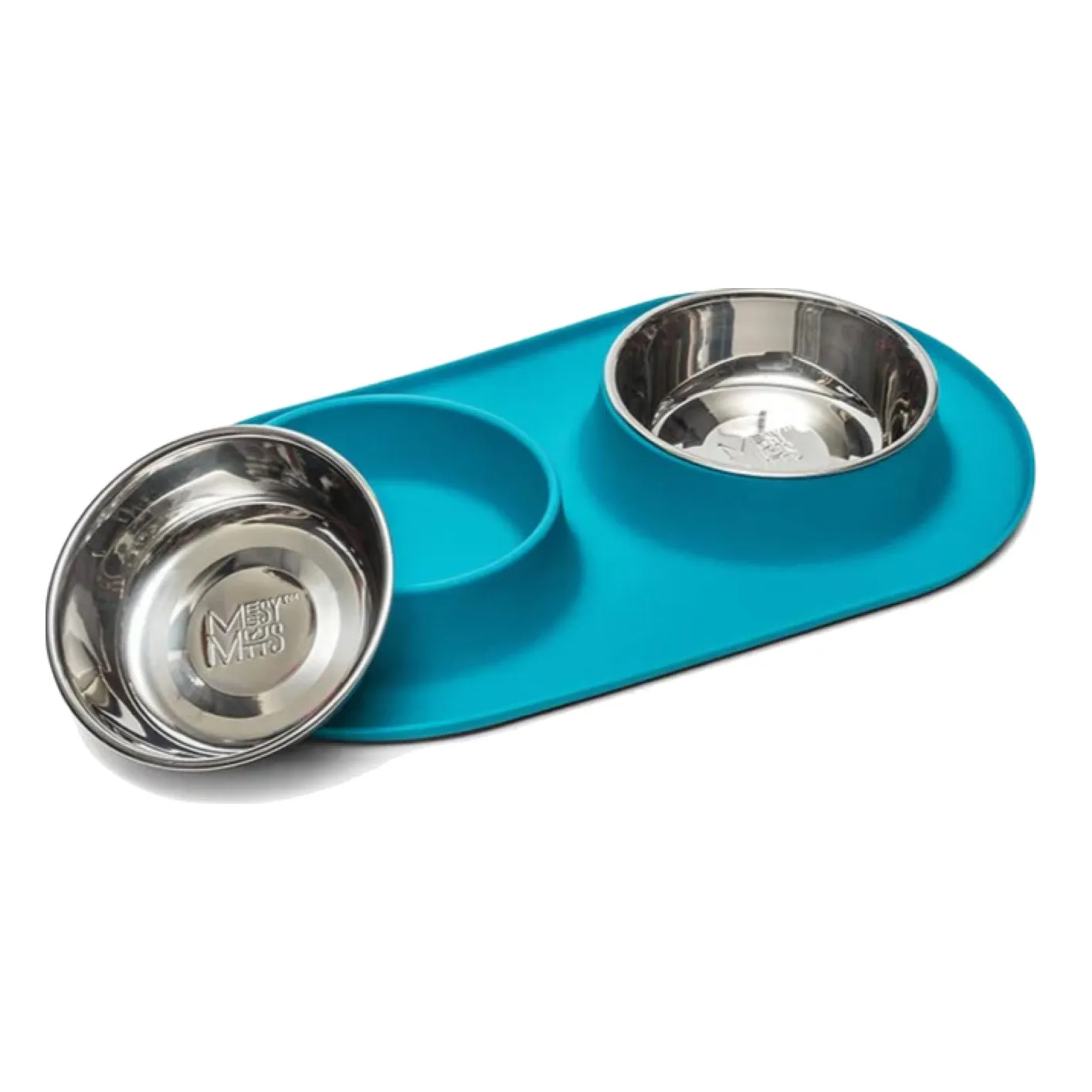 Messy Mutts Double Silicone Feeder with Stainless Bowls, Teal Blue