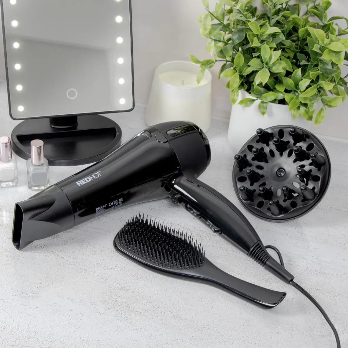 Red Hot 37019 2200W Professional Hair Dryer with Diffuser & Concentrator Nozzles for Dual Styling / 3 Heat Settings, 2 Speed Settings & Cool Air Mode/Black