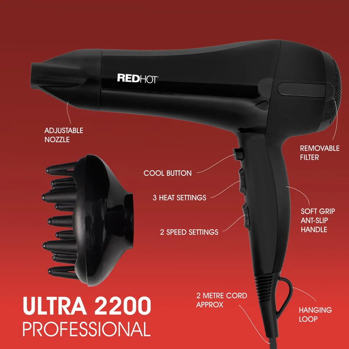 Red Hot 37019 2200W Professional Hair Dryer with Diffuser & Concentrator Nozzles for Dual Styling / 3 Heat Settings, 2 Speed Settings & Cool Air Mode/Black